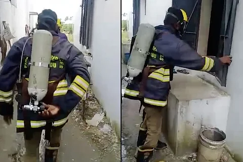 Fire and rescue personnel sealing the chlorine gas leak in Erode.