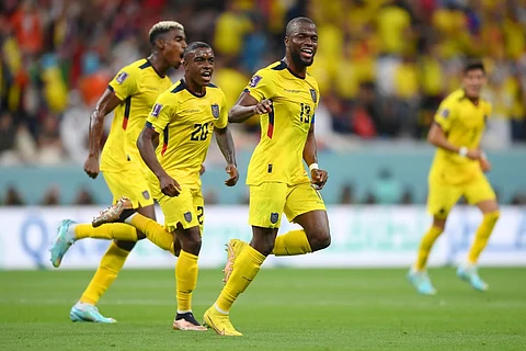 Ecuador players celebrate after scoring a goal