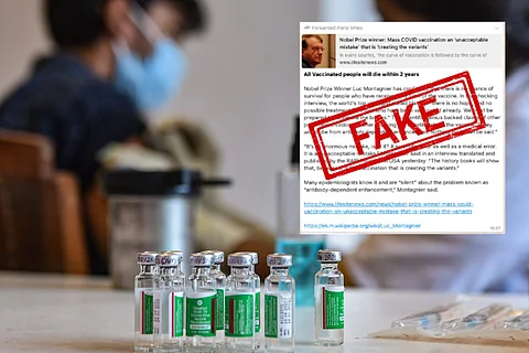 Fake message stamp on Lun Montagnier's message with vials of covid-19 vaccine in the foreground