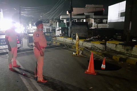The caved in road at Falaknuma bridge