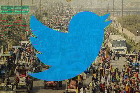 The logo of Twitter superimposed over a picture from the farmers' protest