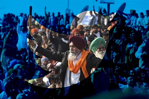A special image showing the Twitter logo against the backdrop of the farmer protests