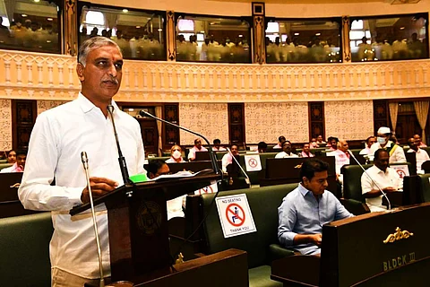 Finance Minister Harish Rao during budget introduction in state assembly.