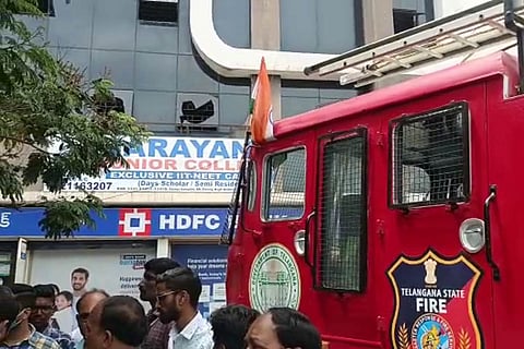 FIRE ENGINE OUTSIDE NARAYANA JUNIOR COLLEGE IN AMBERPET