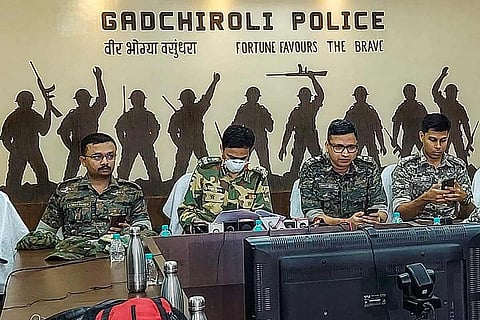 Gadchiroli SP Ankit Goyal along with police officials address the press conference