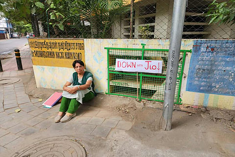 Chennai based writer and activist Geeta Padmanabhan protesting at Adyar