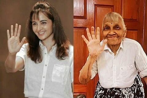 Collage of Manju Warrier dressed in white shirt and skirt and a grandma dressed in a white shirt and skirt and with a fringe