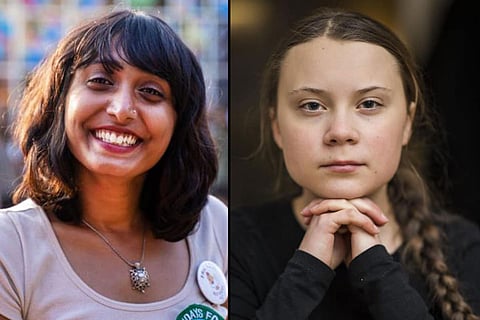 Collage of Disha ravi on the left and Greta Thunberg on the right