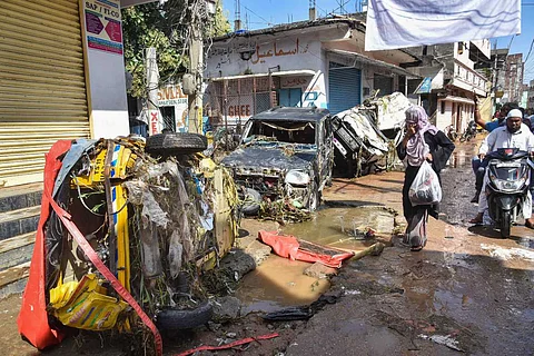 Vehicles damaged in Hafiz Baba Nagar due to flooding