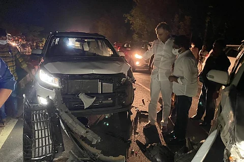Telangana Finance Minister Harish Rao inspects car after accident in Siddipet