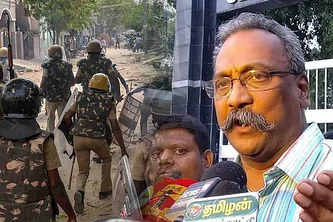 Collage of Henri Tiphagne and Police Violence at Sterlite Protests