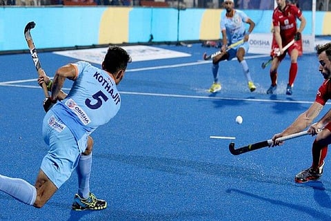 Indian hockey team in action against Belgium