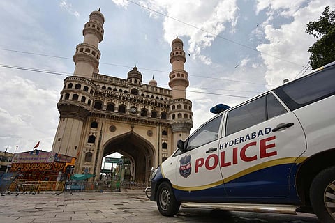 A police vehicle parked in front of Charminar in Hyderabad