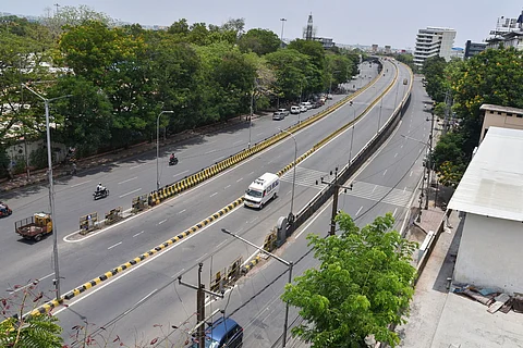Telugu Talli flyover wears a deserted look during COVID-induced lockdown in Hyderabad.