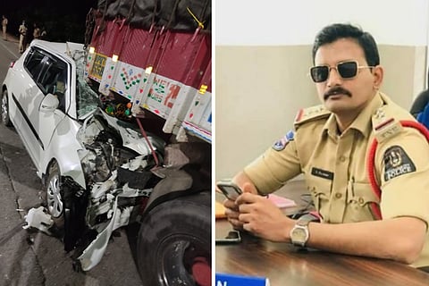 A collage of an image of the car accident and Inspector Laxman