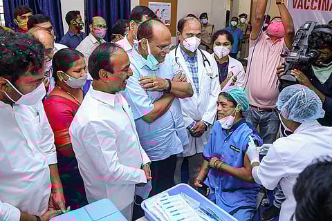 Telangana Health Minister Eatala Rajender overseeing the vaccination drive in Hyderabad