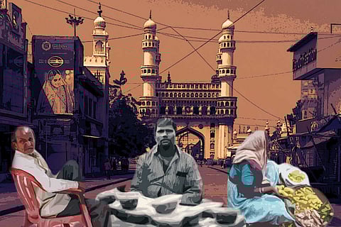 A collage of Charminar in the background and poor people