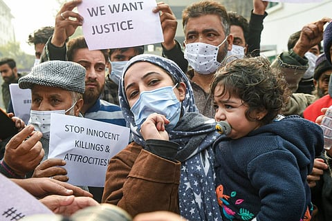 Family members of civilians killed in Hyderpora encounter protest in Srinagar demanding probe and return of bodies