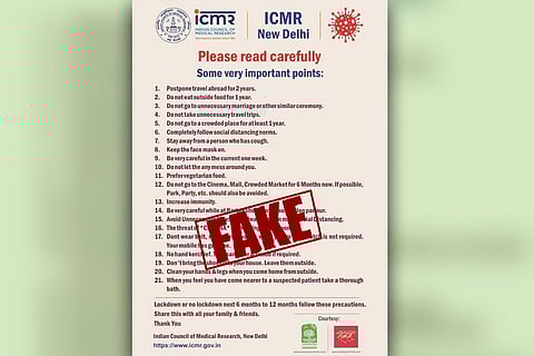 Fake COVID-19 advisory with maroon text against light pink background