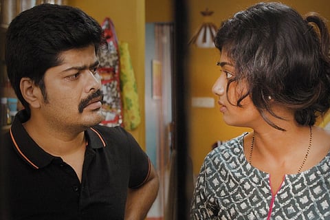 Still from the film Ikkat featuring Bhoomi Shetty and Nagabhushana