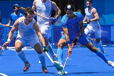 Indian men hockey team in action against Belgium in the semifinals of the Tokyo Olympics