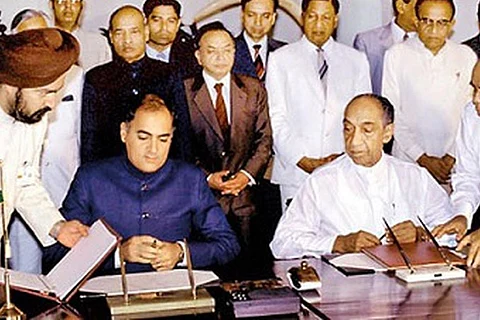 The signing of the India Sri Lanka peace accord on July 29, 1987