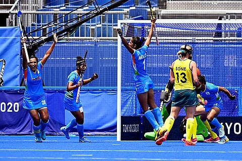 Indian women's hockey team celebrating after win over Australia at Tokyo Olympics
