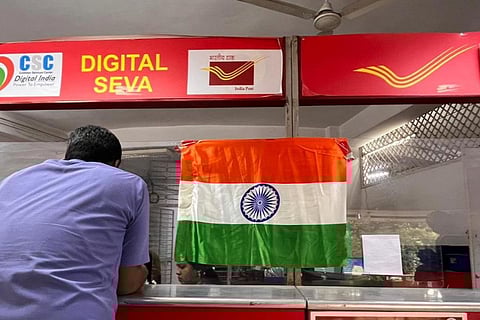 A polyester flag displayed at a post office in Bengaluru