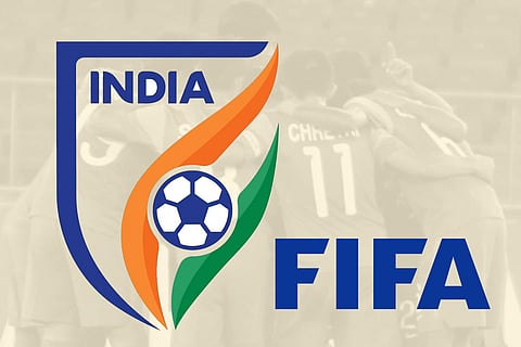 The AIFF logo with the Indian football team in the background