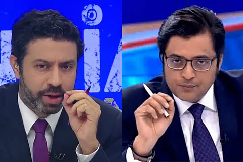 Collage of news anchors Rahul Shivshankar and Arnab Goswami