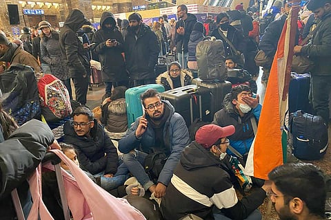 Indian students at a railway station in Ukraine
