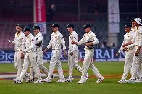 Australian players walk off during first Test against India at Delhi