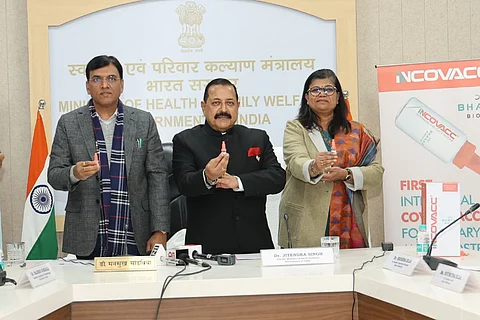 Union Health Minister Mansukh Mandaviya and MoS Jitendra Singh at the vaccine launch