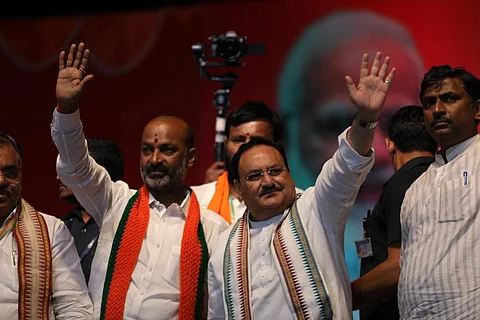 JP Nadda and Bandi Sanjay at BJP public meeting in Mahabubnagar