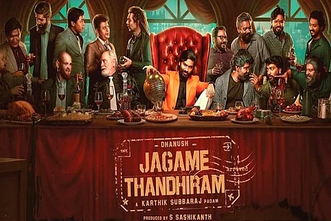 Actor Dhanush and others in a poster of Jagame Thandhiram