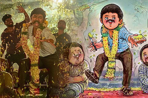 A screengrab from Jagame Thandhiram on the left and Amul ad featuring Dhanush on the right.