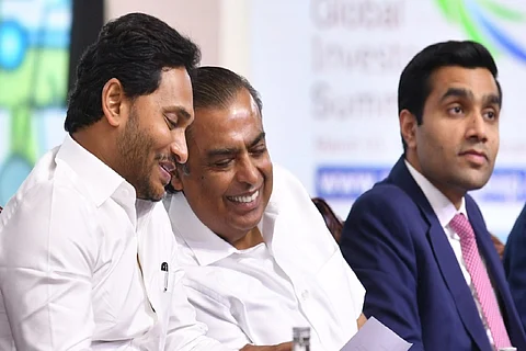 Chief Minister Jagan Mohan ReddywithMukesh Ambani and Karan Adani at Global Investors Summit 2023