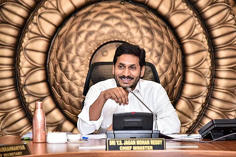 Andhra Pradesh Chief Minister YS Jagan Mohan Reddy in a meeting with his council of ministers at the Secretariat in Amaravati