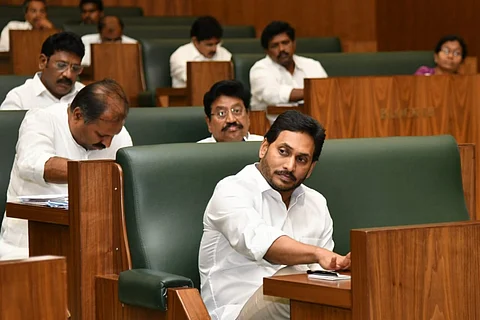 Andhra Pradesh Chief Minister Jagan Mohan Reddy seated in the Assembly