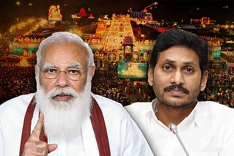 A stylised image of Prime Minister Narendra Modi and Andhra CM Jagan against a backdrop of Tirupati temple at night