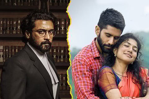 Suriya in a poster from Jai Bhim on the left and actors Sai Pallavi and Naga Chaitanya in a poster from Love Story on the right.