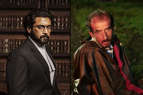Actor Suriya in Jai Bhim (L) and actor Raj Shetty in Pedro (R)