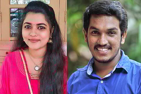 Kerala CPI(M) candidates P Midhuna on the left in a pink kurta and Jaick C Thomas on the right in a blue shirt