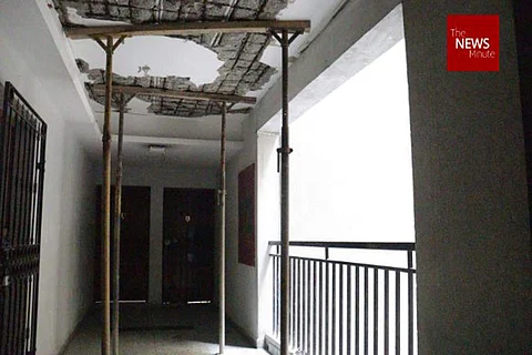 Ceilings held together by scaffolds at Jains Westminster apartment, Saligramam, Chennai