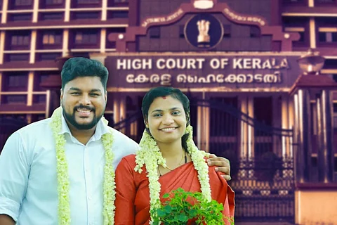 Joisna Mary Joseph and Shejin against the backdrop of Kerala HC