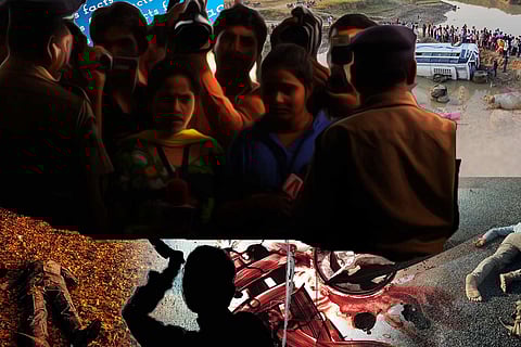 A collage of journalists and violent, gory crime scenes and accidents