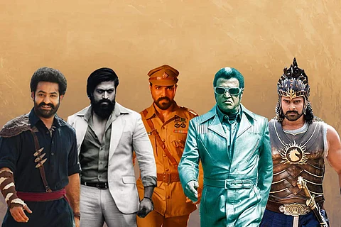 Actors Jr NTR from RRR (L), Yash from KGF, Ram Charan from RRR, Rajinikanth from 2.0, and Prabhas from Baahubali (R).