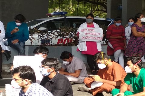 Junior doctors during a protest outside Gandhi Hospital