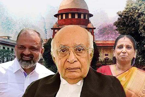 A collage where former Supreme Court Justice KT Thomas can be seen in black robes, on his left is AG Perarivalan convicted in Rajiv assassination case wearing a white shirt and on the right is Nalini in yellow saree