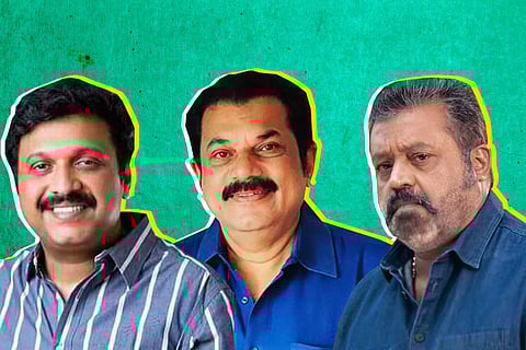 A collage of K. B. Ganesh Kumar, Mukesh, Suresh Gopi